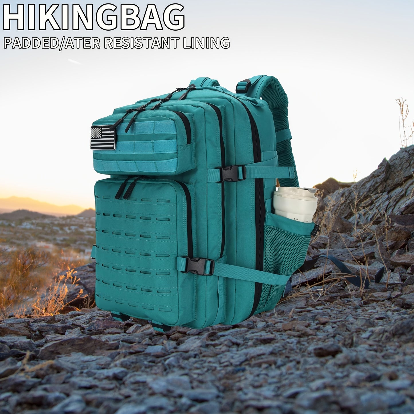45L Lake Blue Tactical Backpack with American Flag Patch - Multi-Compartment, Adjustable Straps, Hydration Sleeve, MOLLE System, Lightweight Oxford Rucksack for Men & Women, Ideal for Outdoor Hiking & Camping, Tactical Rucksa