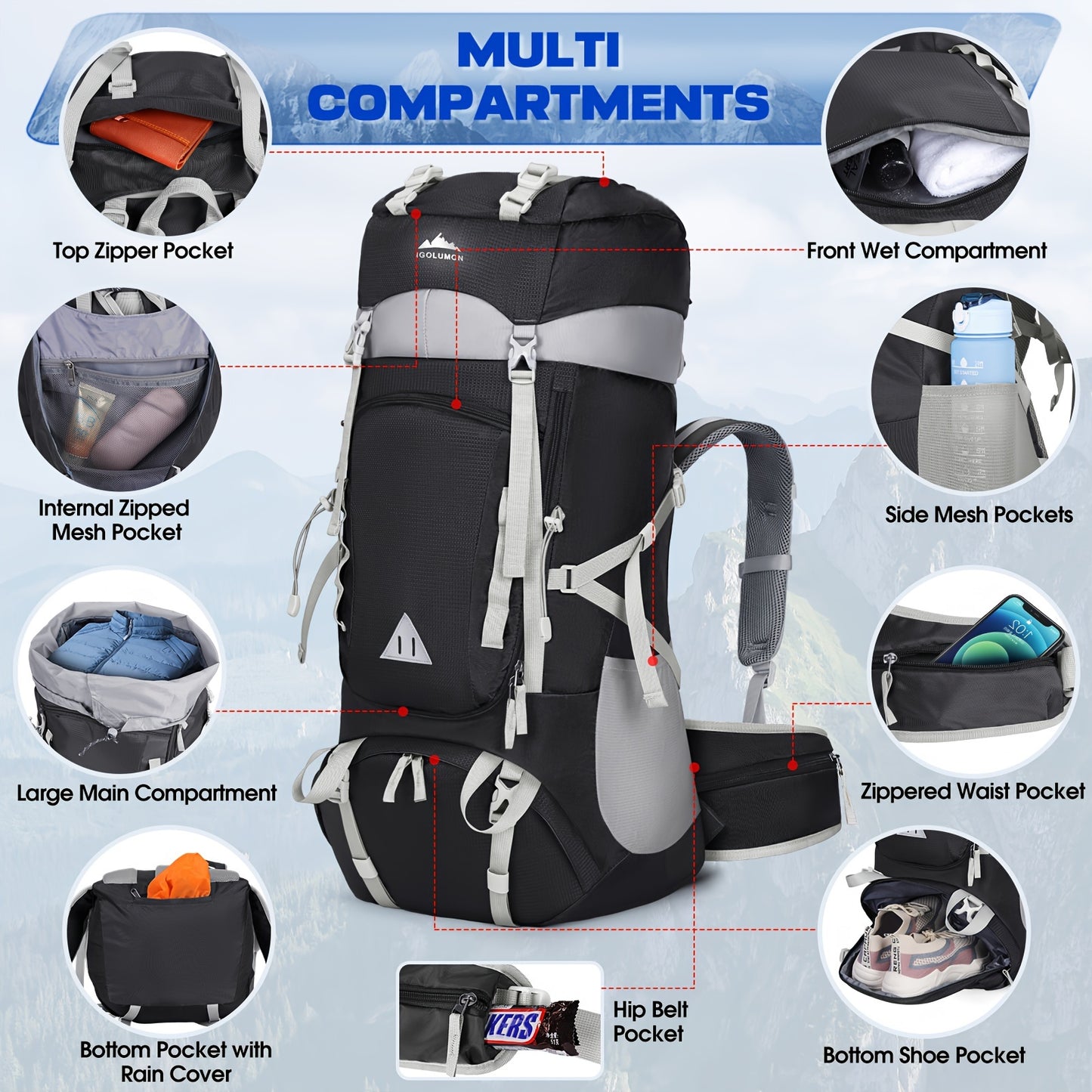 IGOLUMON 15.85gal Waterproof Hiking & Camping Backpack with Rain Cover - Lightweight Large Capacity Backpack, Adjustable Straps, Multiple Compartments, Durable Polyester for Outdoor Travel, Men & Women, Camping Gear | Functio