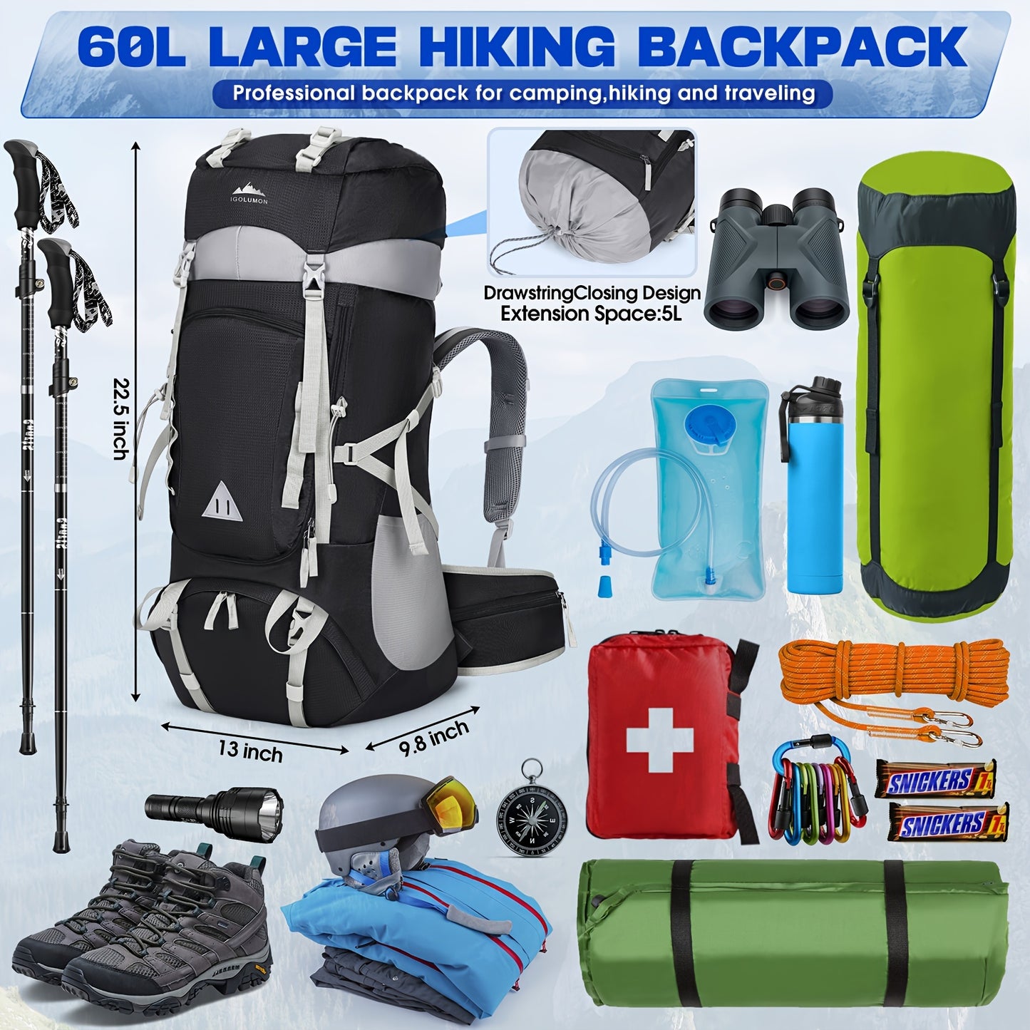 IGOLUMON 15.85gal Waterproof Hiking & Camping Backpack with Rain Cover - Lightweight Large Capacity Backpack, Adjustable Straps, Multiple Compartments, Durable Polyester for Outdoor Travel, Men & Women, Camping Gear | Functio
