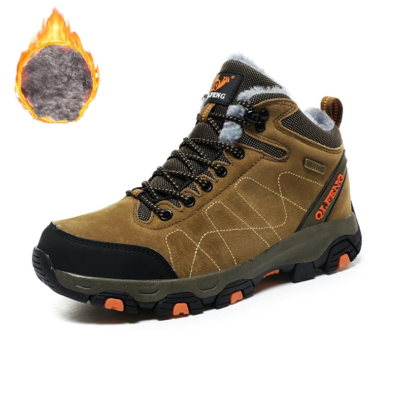 Hiking Sneakers Men Autumn Winter Outdoor Shoes Warm Fur Non Slip Fashion Cowboy Lace Up Ankle Padded Boots Felt Snow Footwear