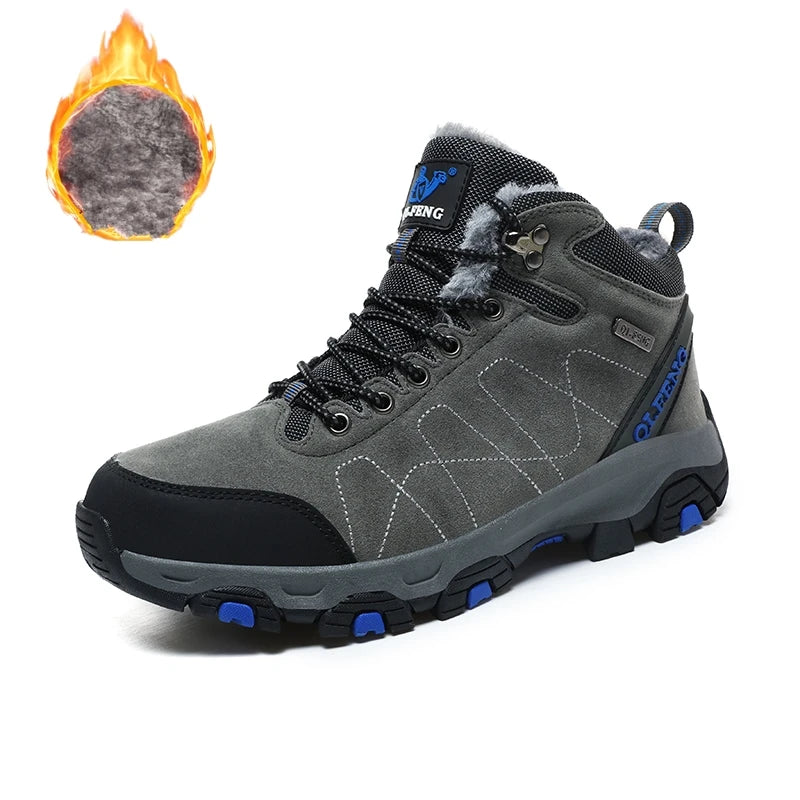 Hiking Sneakers Men Autumn Winter Outdoor Shoes Warm Fur Non Slip Fashion Cowboy Lace Up Ankle Padded Boots Felt Snow Footwear