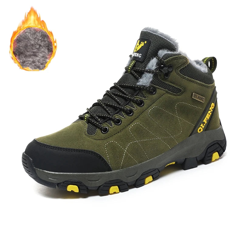 Hiking Sneakers Men Autumn Winter Outdoor Shoes Warm Fur Non Slip Fashion Cowboy Lace Up Ankle Padded Boots Felt Snow Footwear