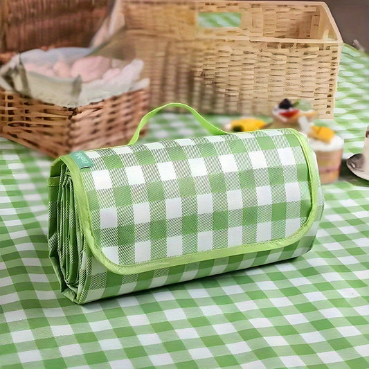 1pc Waterproof Picnic Blanket with Green & White Checkered Design - Foldable, Portable Outdoor Mat for Camping, Beach, and Spring Outings | Durable Polypropylene Backing, Easy to Clean, Perfect for Outdoor Enthusiasts and Fam
