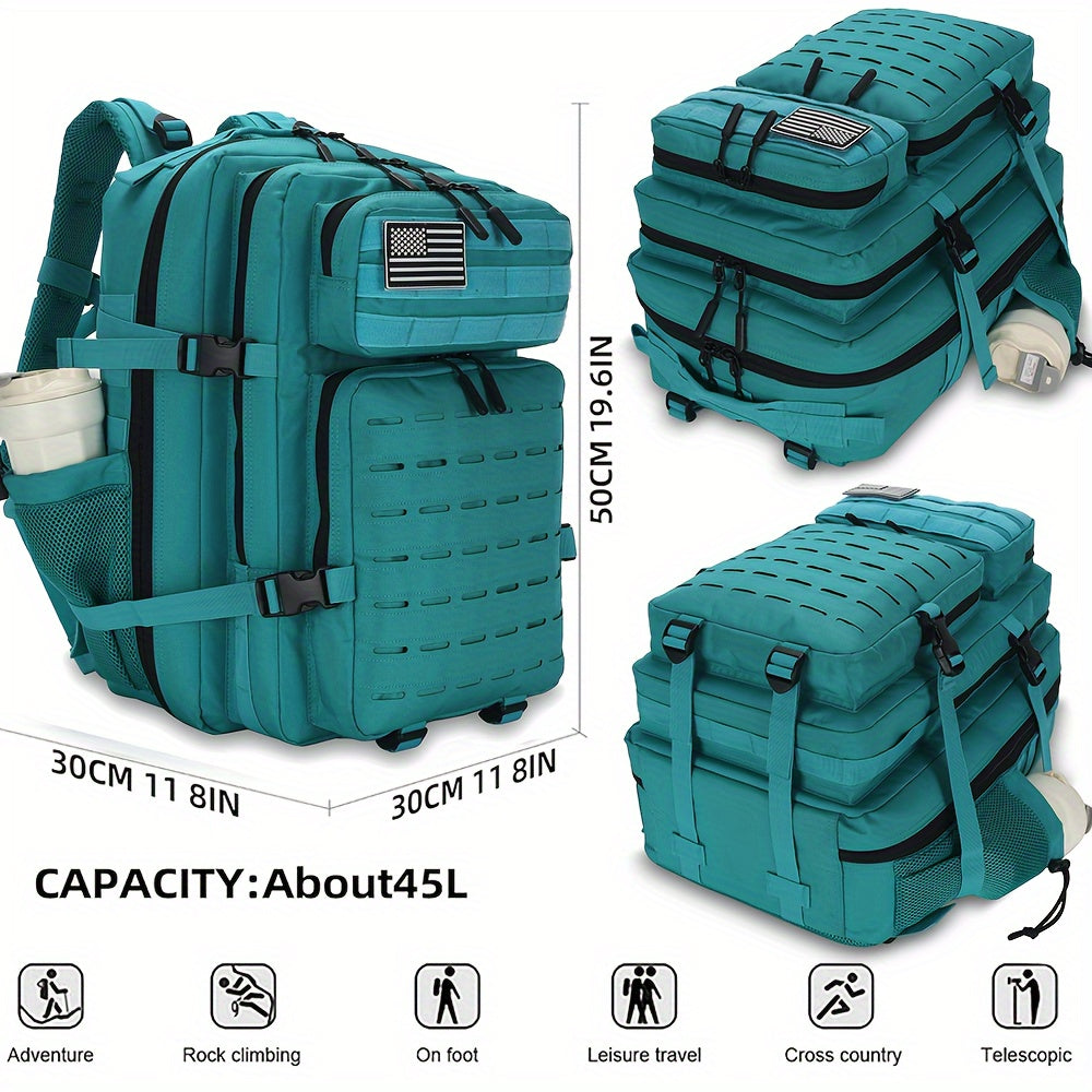 45L Lake Blue Tactical Backpack with American Flag Patch - Multi-Compartment, Adjustable Straps, Hydration Sleeve, MOLLE System, Lightweight Oxford Rucksack for Men & Women, Ideal for Outdoor Hiking & Camping, Tactical Rucksa