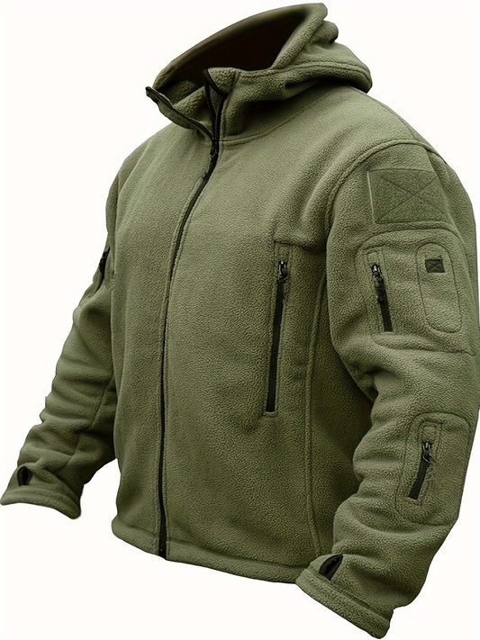 Men's Tactical Hooded Jacket - Warm, Windproof Outdoor Adventure Gear with Multiple Zip Pockets, Adjustable Straps, and Hook-and-loop Fastener Patches, Ideal for Hiking & Casual Wear, Khaki, Tactical Clothing|Sporty Hooded Ja