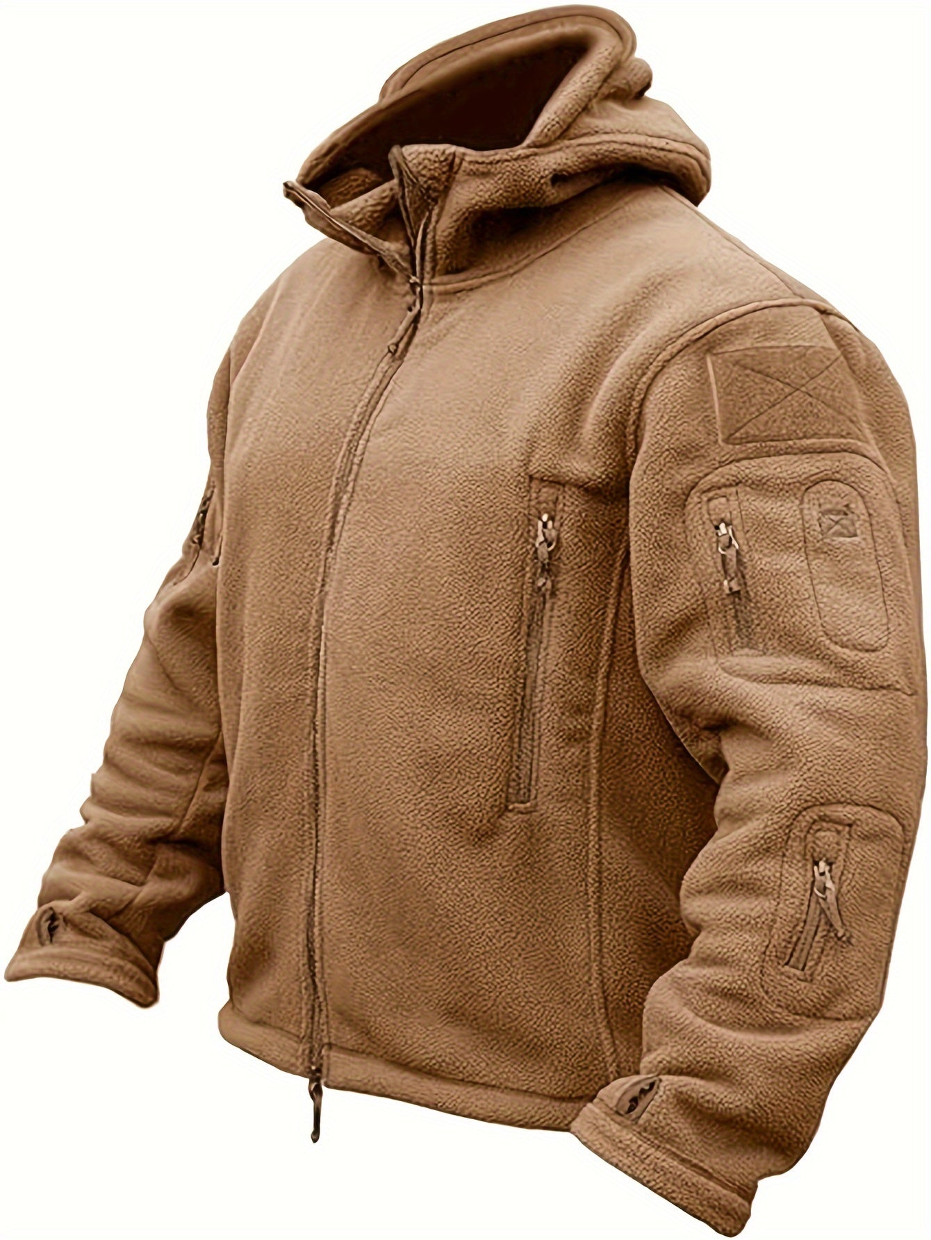 Men's Tactical Hooded Jacket - Warm, Windproof Outdoor Adventure Gear with Multiple Zip Pockets, Adjustable Straps, and Hook-and-loop Fastener Patches, Ideal for Hiking & Casual Wear, Khaki, Tactical Clothing|Sporty Hooded Ja
