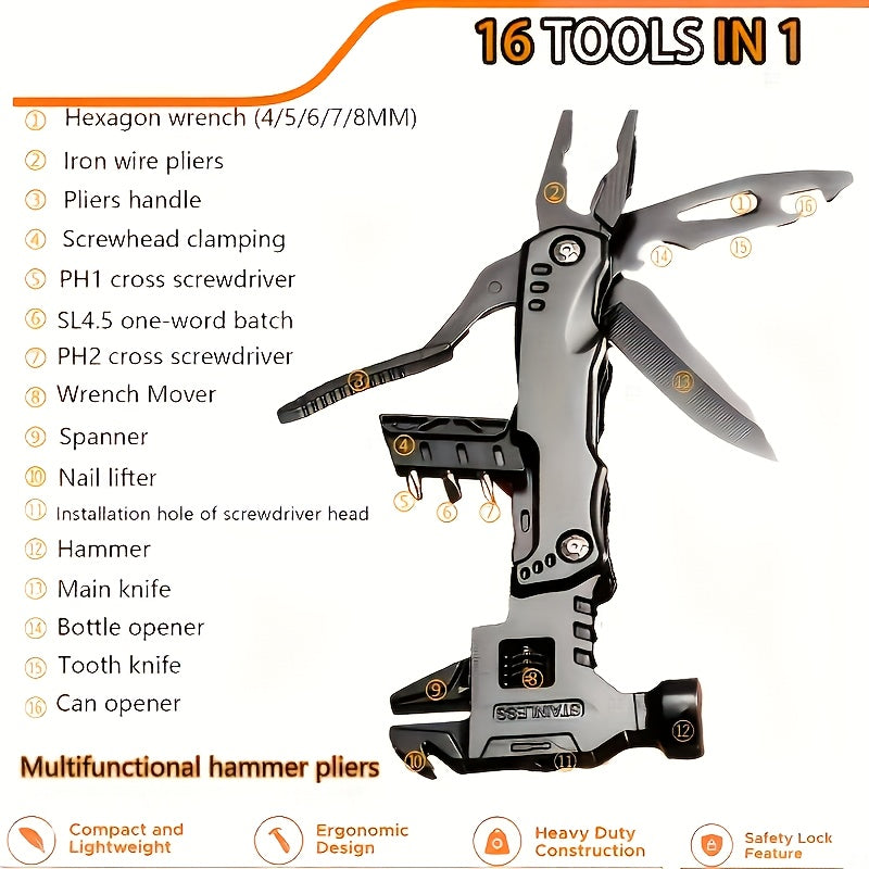 16-in-1 Multitool - Compact DIY Survival Multi Tool With Screwdriver Pliers Bottle Key Knife Adjustable Wrench, Perfect Valentine'S Day Gift For Dad And Boyfriend Cool Gadgets Camping Gear Pocket Tool Hammer Multitool