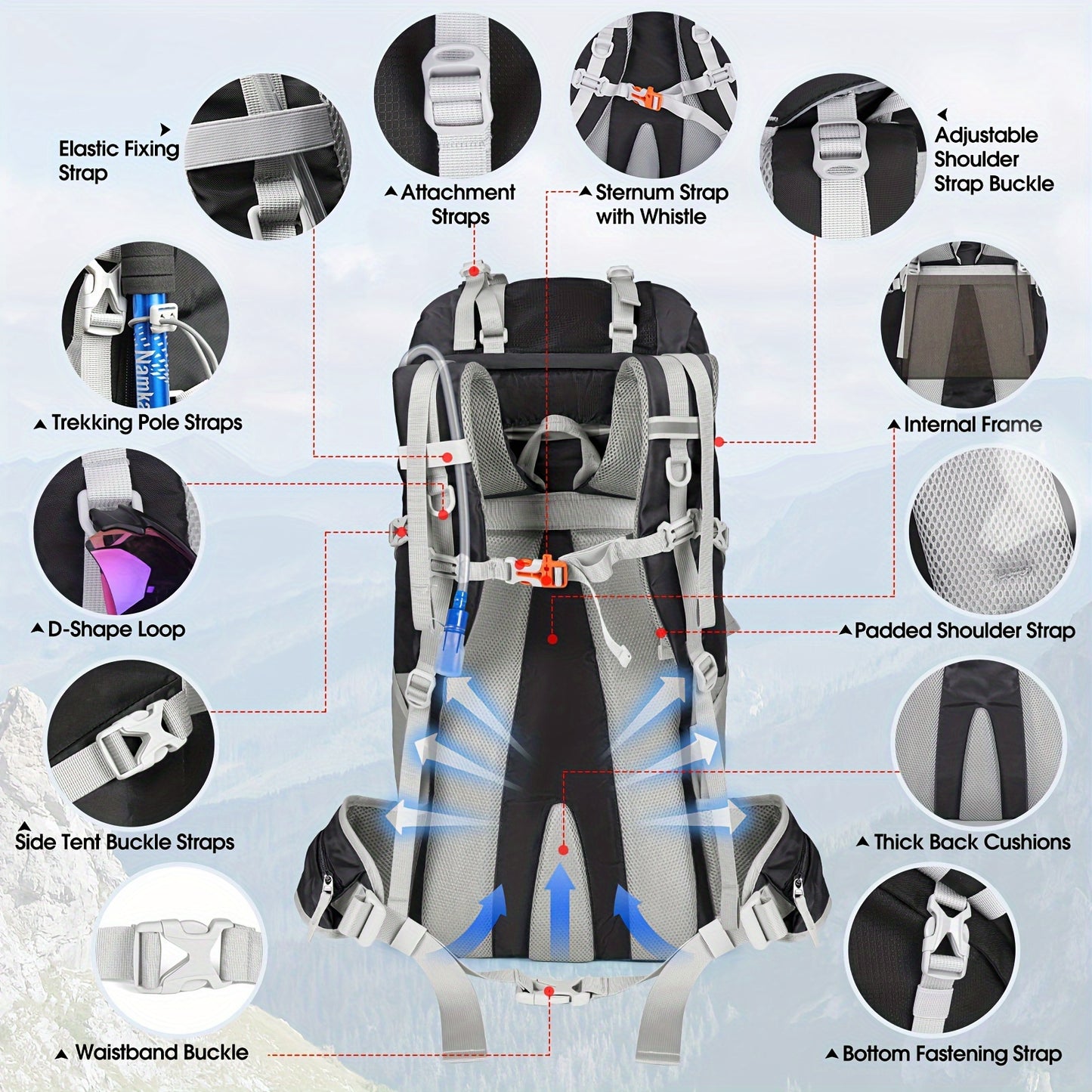 IGOLUMON 15.85gal Waterproof Hiking & Camping Backpack with Rain Cover - Lightweight Large Capacity Backpack, Adjustable Straps, Multiple Compartments, Durable Polyester for Outdoor Travel, Men & Women, Camping Gear | Functio