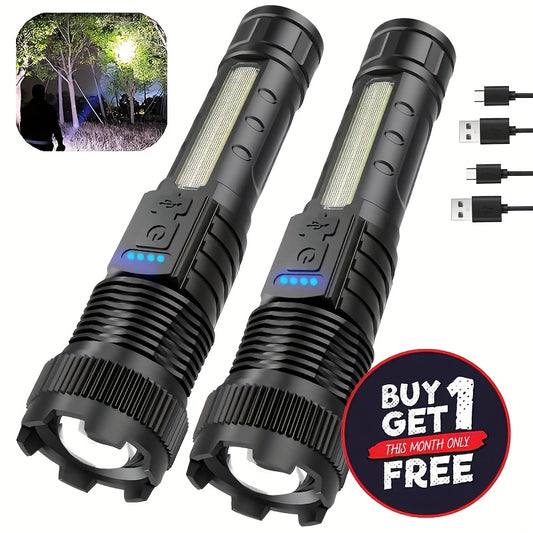 2 Packs High Lumens Rechargeable LED Flashlights Ultra-Bright Flashlights 5 Modes with COB Light Tactical Accessories Zoom-Able Torch Handheld Digital Display Flashlight for Outdoor Survival Camping Gear And Equipment Accesso