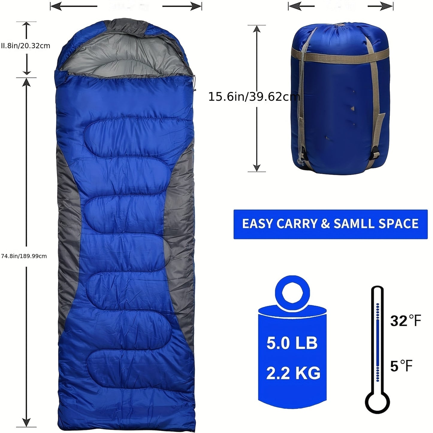 0-Degree Winter Sleeping Bag for Adults - 450GSM Cold Weather Camping Gear with High Quality Compression Sack, Envelope Hoodie Design for Big & Tall, 4-Season Lightweight & Machine Washable for Backpacking Hiking Outdoor Adve