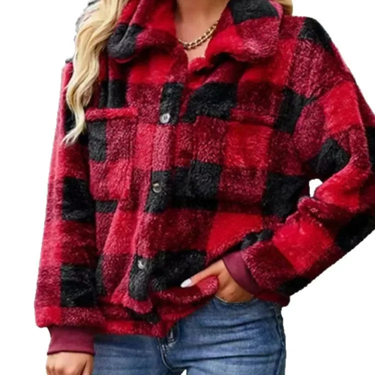 Cross-Border Casual Plaid Collar Lamb Fur Coat Autumn Winter New Style Women's Open Cardigan Polyester Fiber Origin China