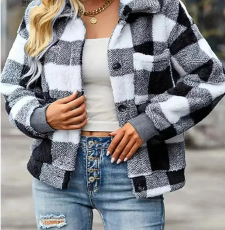 Cross-Border Casual Plaid Collar Lamb Fur Coat Autumn Winter New Style Women's Open Cardigan Polyester Fiber Origin China