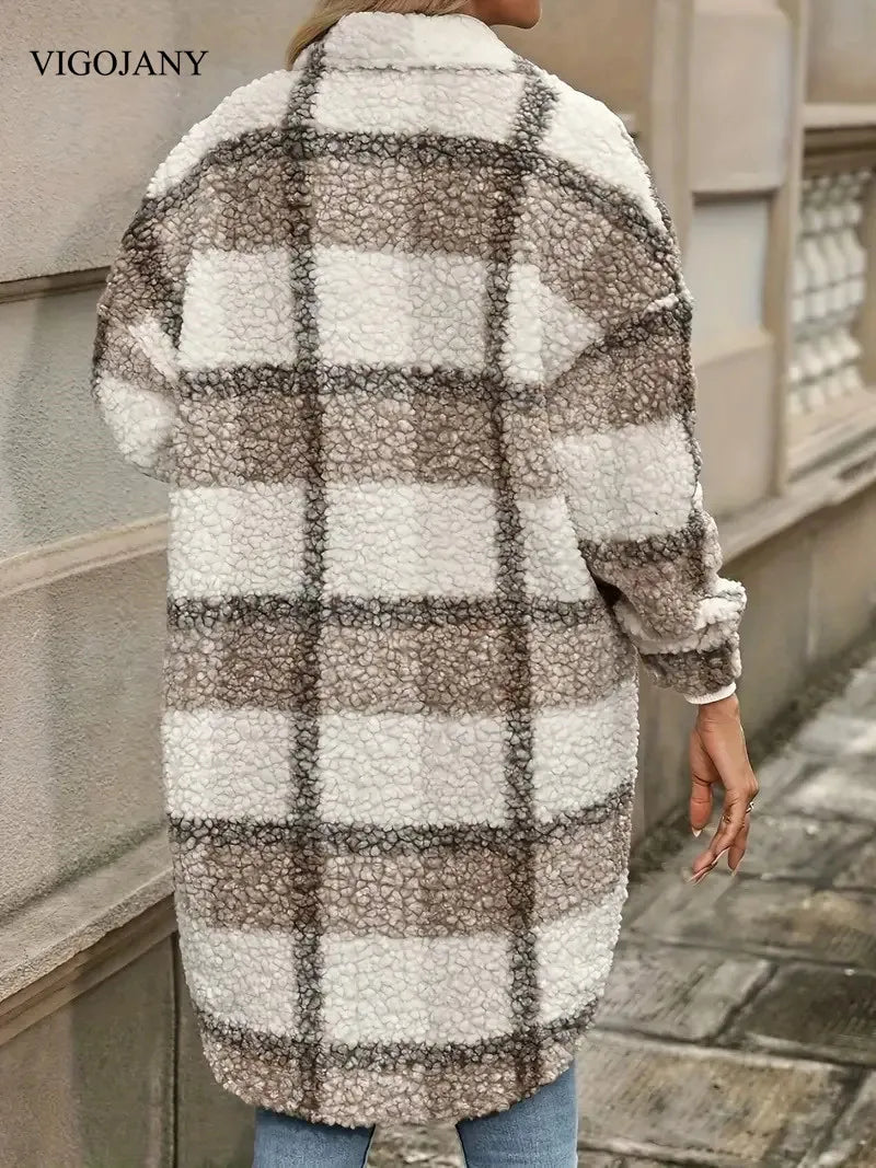 VigoJany Winter Plush Plaid Plus Size Coat Women 2025 Casual Loose Large Long Sleeve Outwear Ladies Chubby Buttons Warm Clothes