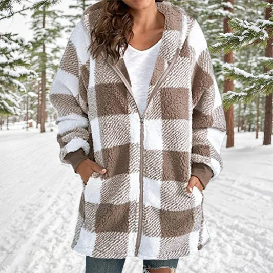 Winter Warm Zipper Hooded Patchwork Woman Coats Long Sleeved Pockets Women's Plush Jacket 2024 Fashion Plaid Striped Jackets