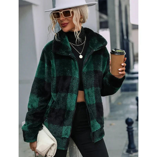 2022 Women's Winter Warm Faux Fur Coat Zipper Plush Cardigan Loose Jacket Oversize Plaid Sweat-shirt Outwear Overcoat Jackets