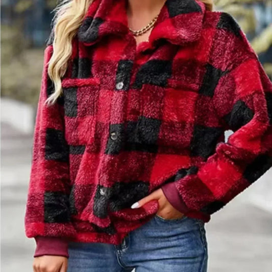 Cross-Border Casual Plaid Collar Lamb Fur Coat Autumn Winter New Style Women's Open Cardigan Polyester Fiber Origin China