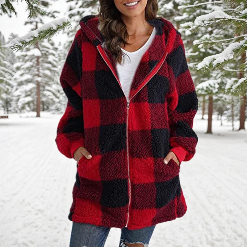 Winter Warm Zipper Hooded Patchwork Woman Coats Long Sleeved Pockets Women's Plush Jacket 2024 Fashion Plaid Striped Jackets