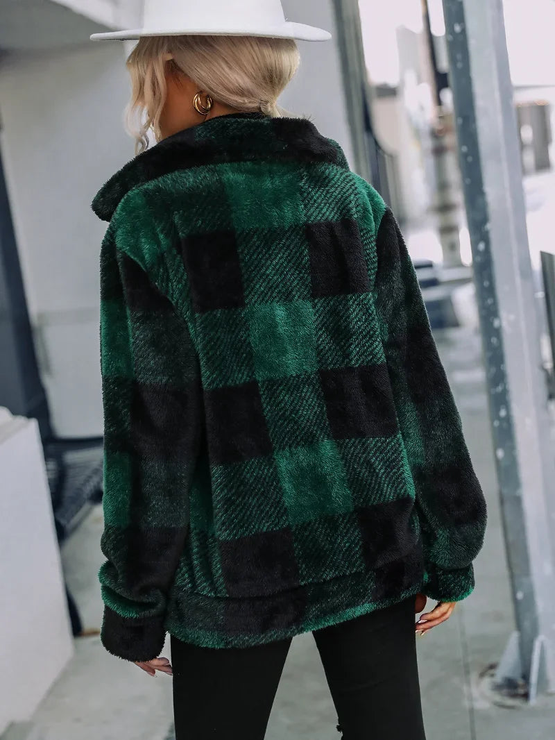 2022 Women's Winter Warm Faux Fur Coat Zipper Plush Cardigan Loose Jacket Oversize Plaid Sweat-shirt Outwear Overcoat Jackets