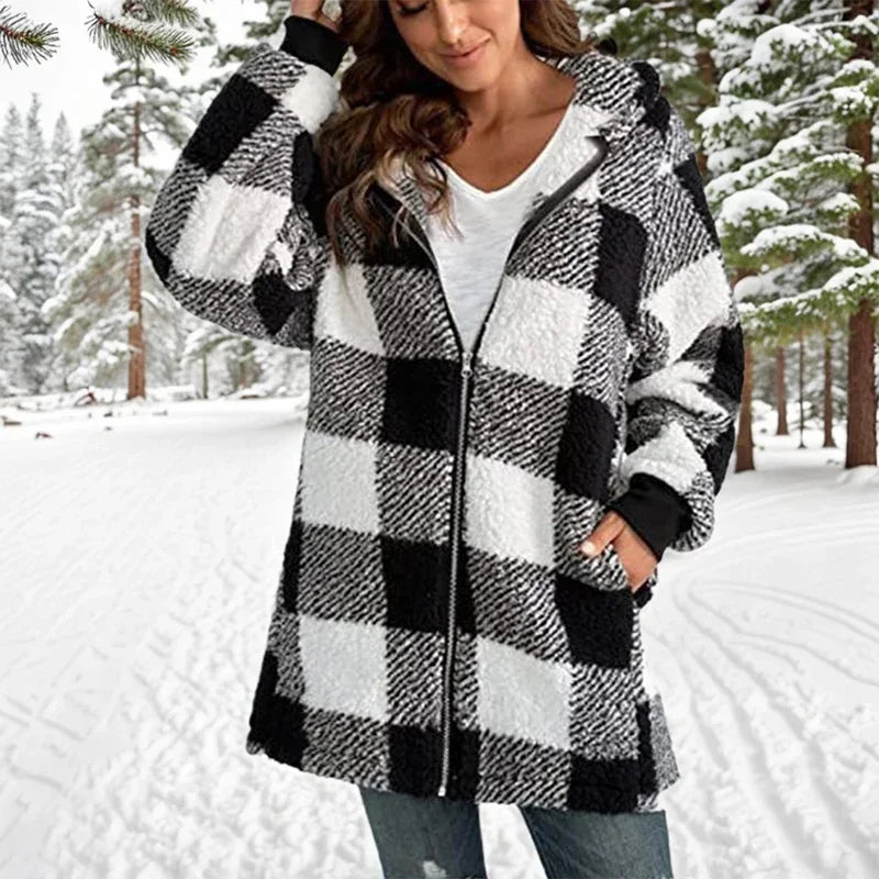 Winter Warm Zipper Hooded Patchwork Woman Coats Long Sleeved Pockets Women's Plush Jacket 2024 Fashion Plaid Striped Jackets