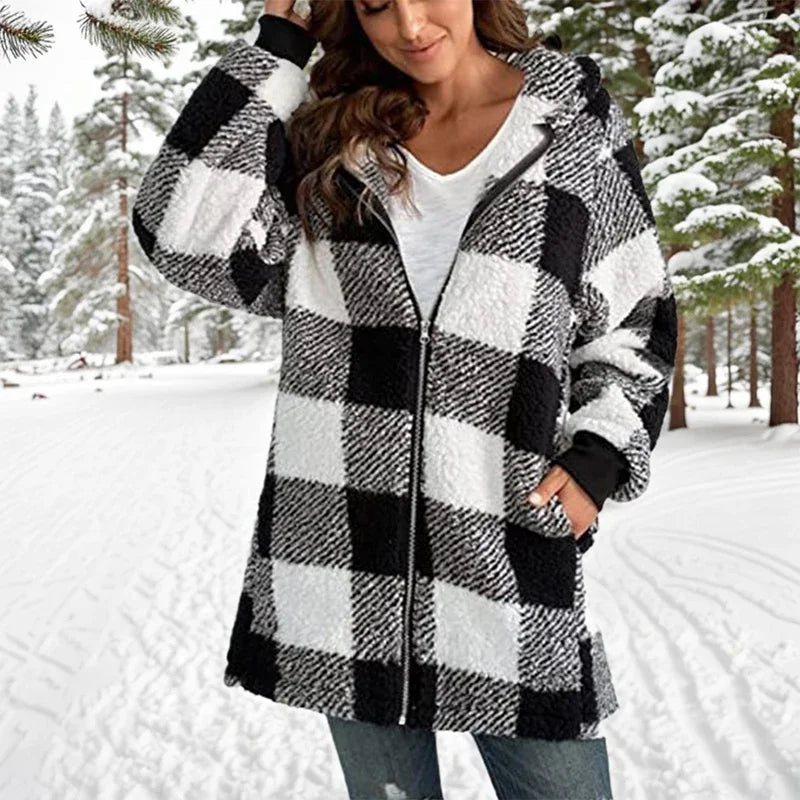 Winter Warm Zipper Hooded Patchwork Woman Coats Long Sleeved Pockets Women's Plush Jacket 2024 Fashion Plaid Striped Jackets