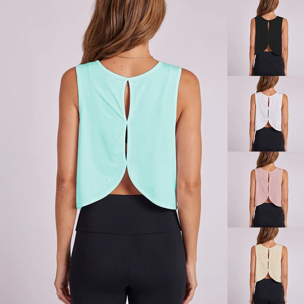 Comfortable Workout Clothing Exercise Top Black Hollowed-Out Back Regular Length Suitable For Vacation Slight Stretch Fabric