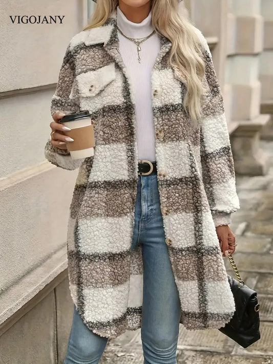 VigoJany Winter Plush Plaid Plus Size Coat Women 2025 Casual Loose Large Long Sleeve Outwear Ladies Chubby Buttons Warm Clothes