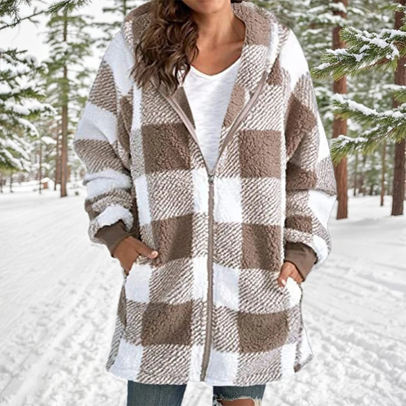 Winter Warm Zipper Hooded Patchwork Woman Coats Long Sleeved Pockets Women's Plush Jacket 2024 Fashion Plaid Striped Jackets