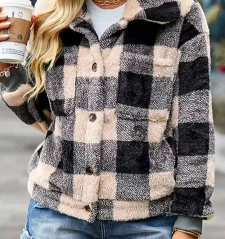 Cross-Border Casual Plaid Collar Lamb Fur Coat Autumn Winter New Style Women's Open Cardigan Polyester Fiber Origin China