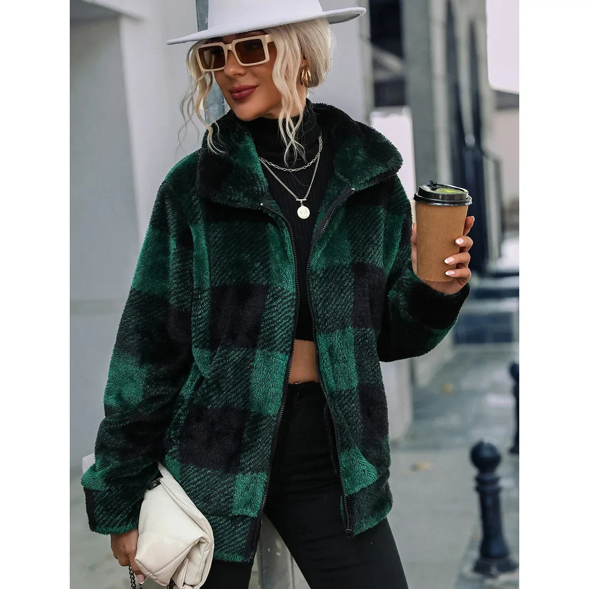 2022 Women's Winter Warm Faux Fur Coat Zipper Plush Cardigan Loose Jacket Oversize Plaid Sweat-shirt Outwear Overcoat Jackets