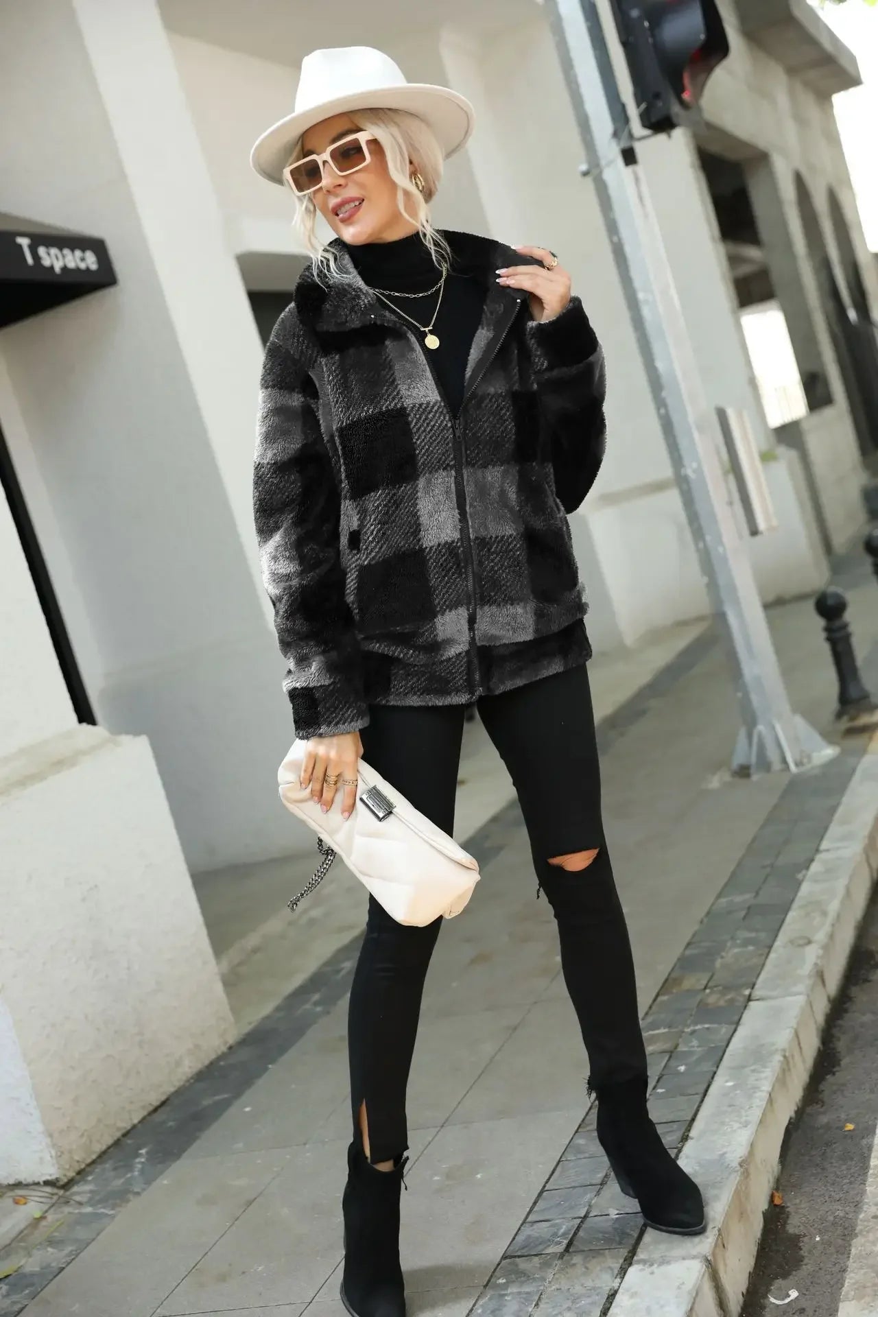 2022 Women's Winter Warm Faux Fur Coat Zipper Plush Cardigan Loose Jacket Oversize Plaid Sweat-shirt Outwear Overcoat Jackets