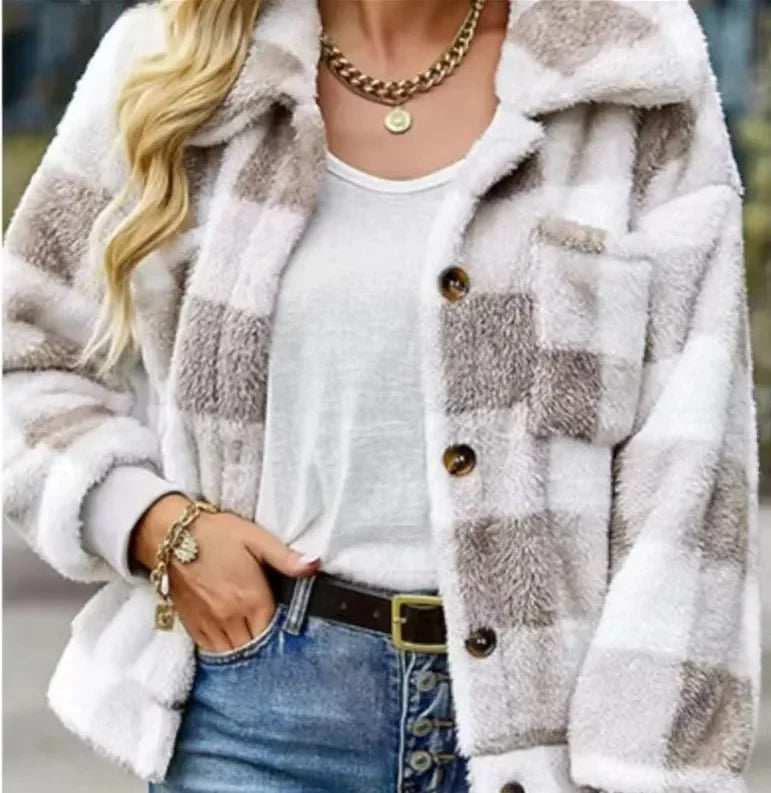 Cross-Border Casual Plaid Collar Lamb Fur Coat Autumn Winter New Style Women's Open Cardigan Polyester Fiber Origin China