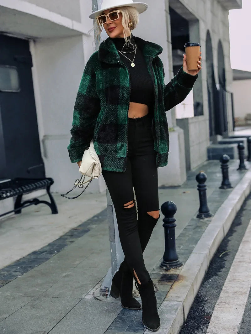 2022 Women's Winter Warm Faux Fur Coat Zipper Plush Cardigan Loose Jacket Oversize Plaid Sweat-shirt Outwear Overcoat Jackets