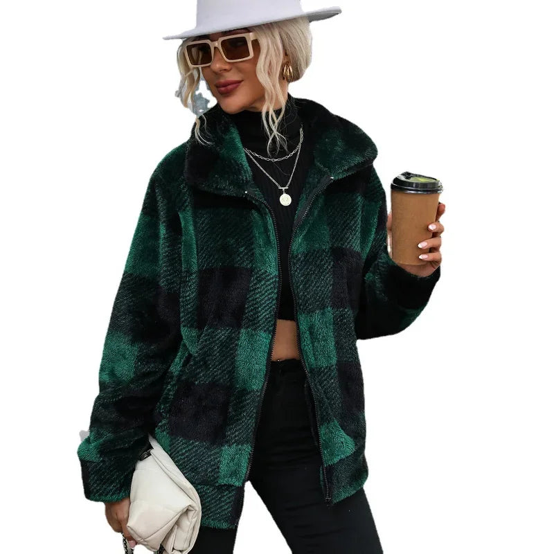 2022 Women's Winter Warm Faux Fur Coat Zipper Plush Cardigan Loose Jacket Oversize Plaid Sweat-shirt Outwear Overcoat Jackets