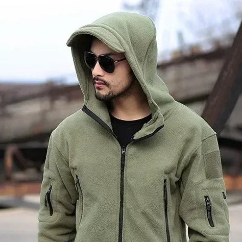 Winter Fleece Jacket Men's Military Tactical Jacket Solid Warm Fleece Coats with Hat Outdoor Sports Combat Hiking Polar Jacket