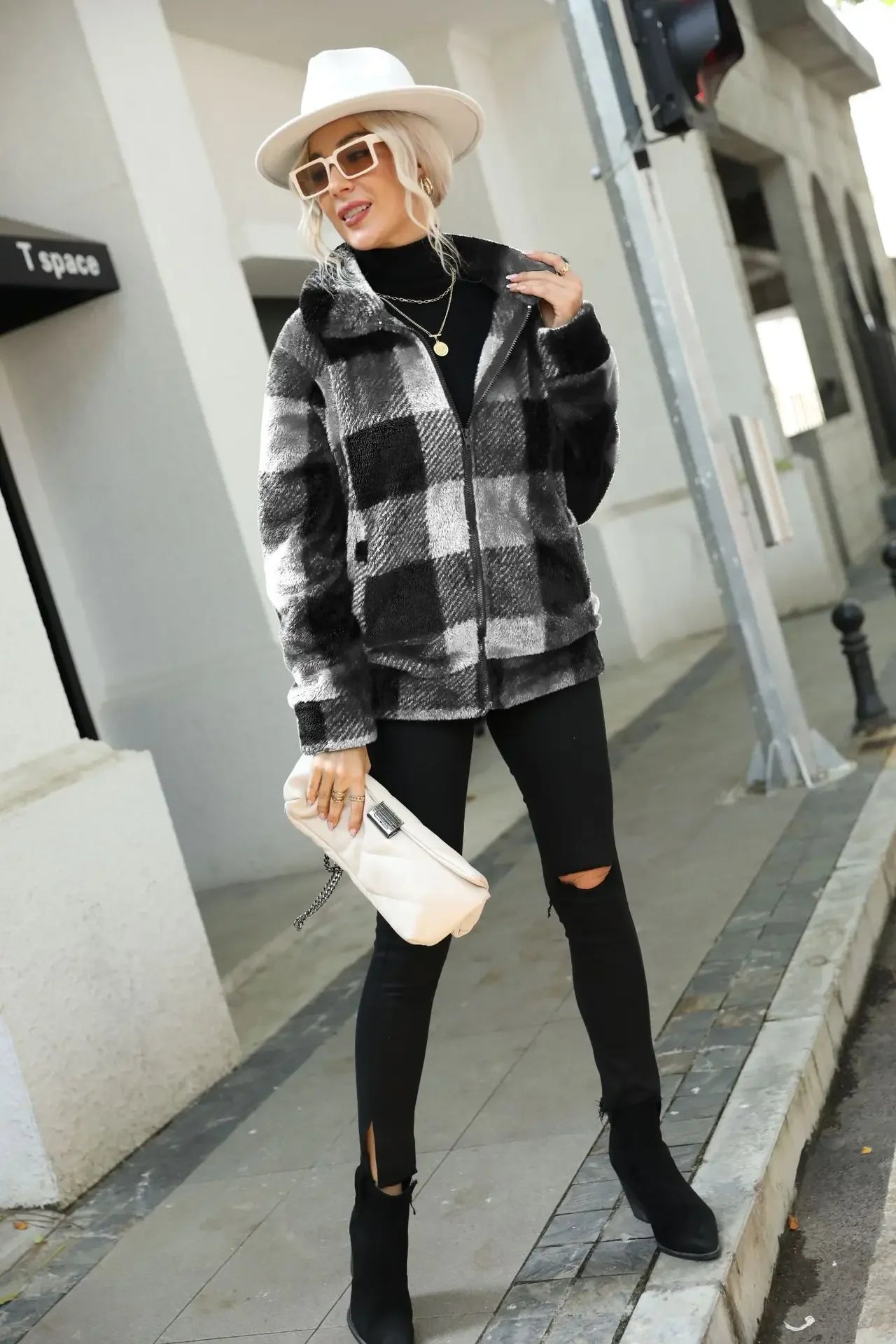 2022 Women's Winter Warm Faux Fur Coat Zipper Plush Cardigan Loose Jacket Oversize Plaid Sweat-shirt Outwear Overcoat Jackets