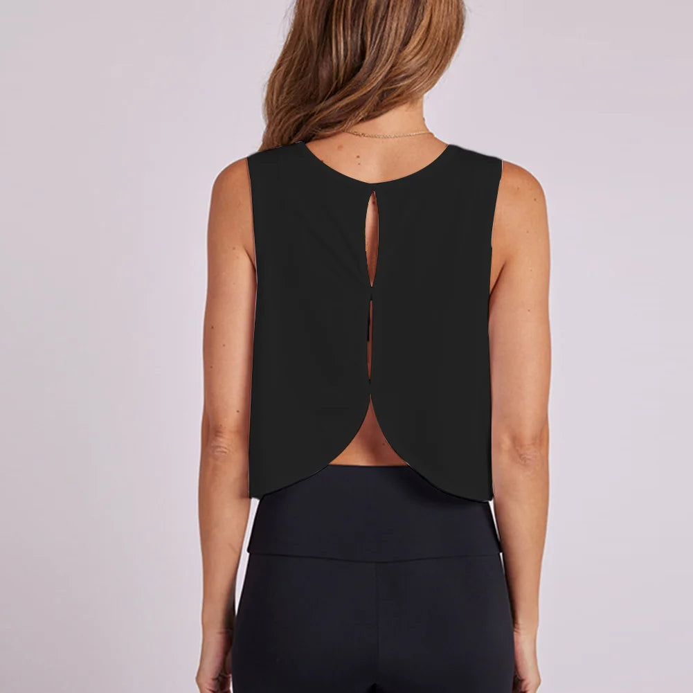 Comfortable Workout Clothing Exercise Top Black Hollowed-Out Back Regular Length Suitable For Vacation Slight Stretch Fabric
