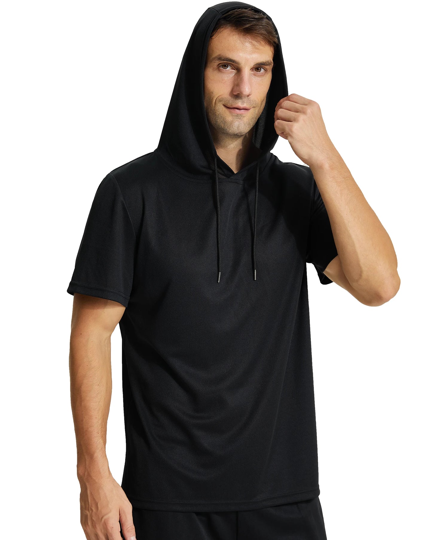 Mens Workout Hooded Shirts Short Sleeve Muscle Fit Gym Running T-Shirts Sweatshirt Hooded