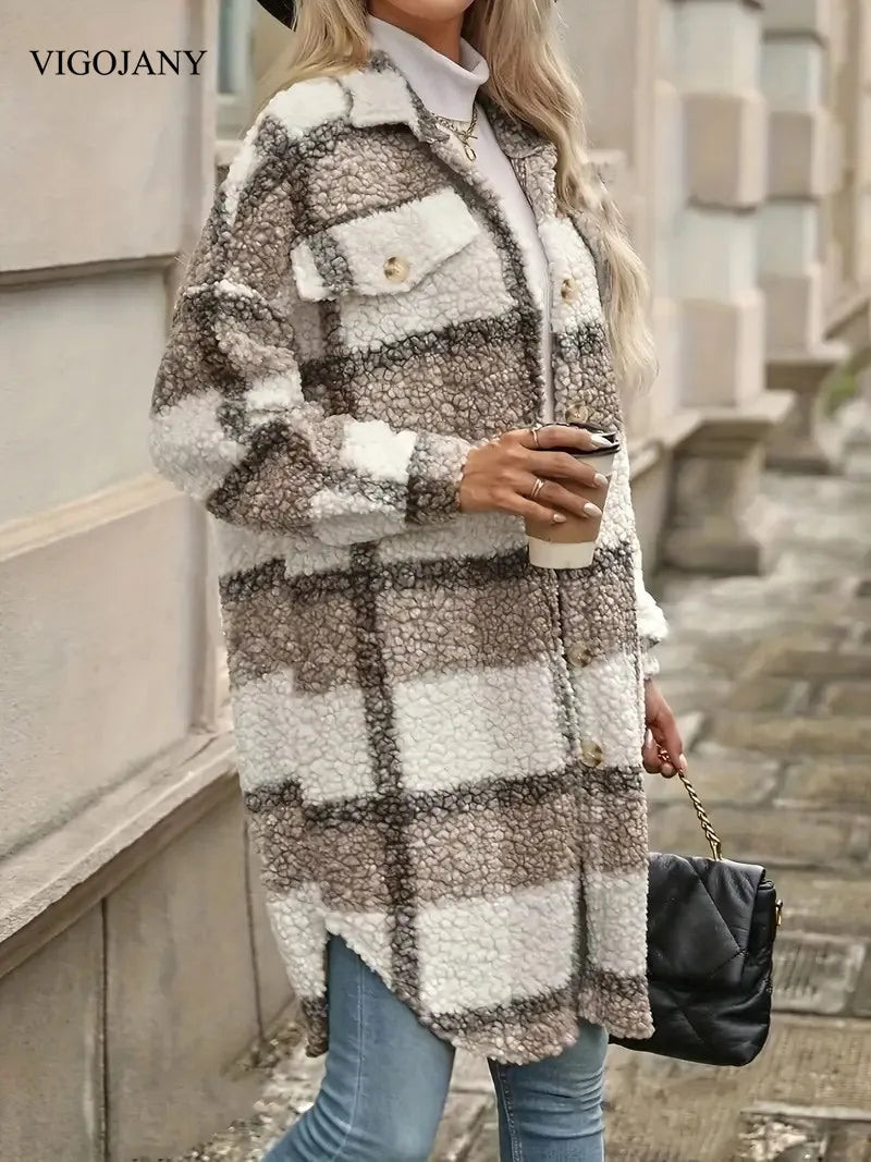 VigoJany Winter Plush Plaid Plus Size Coat Women 2025 Casual Loose Large Long Sleeve Outwear Ladies Chubby Buttons Warm Clothes