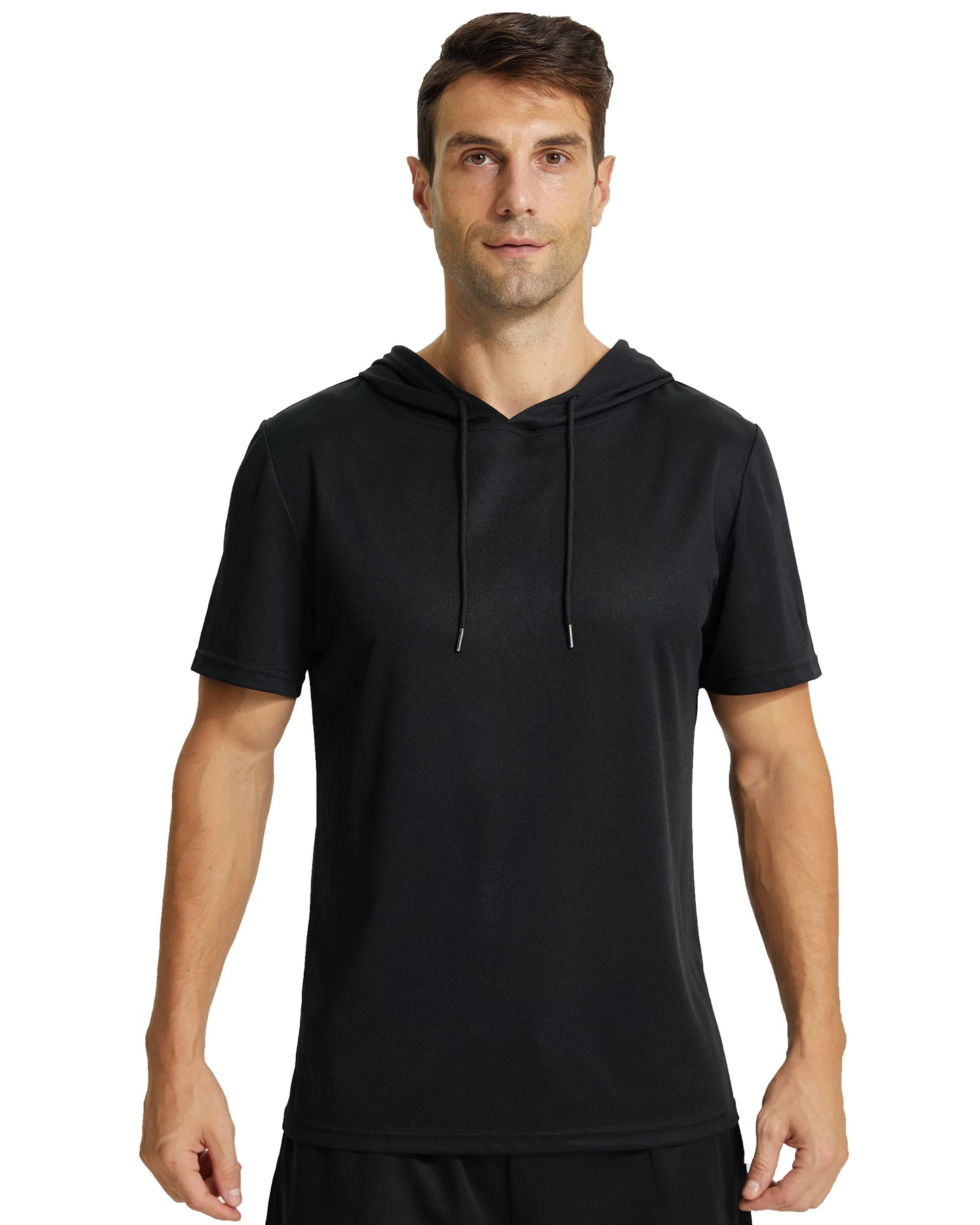 Mens Workout Hooded Shirts Short Sleeve Muscle Fit Gym Running T-Shirts Sweatshirt Hooded