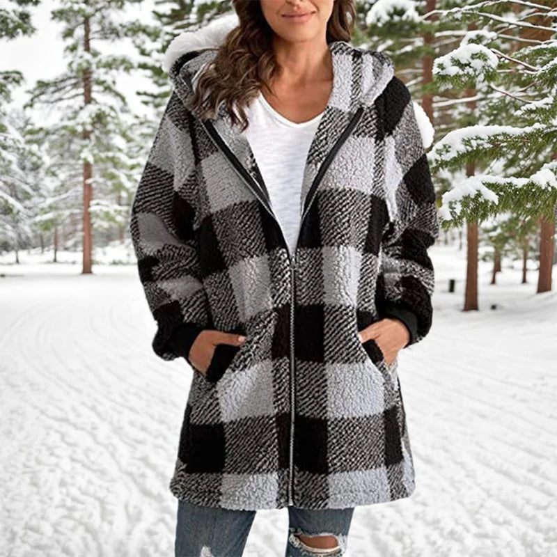 Winter Warm Zipper Hooded Patchwork Woman Coats Long Sleeved Pockets Women's Plush Jacket 2024 Fashion Plaid Striped Jackets