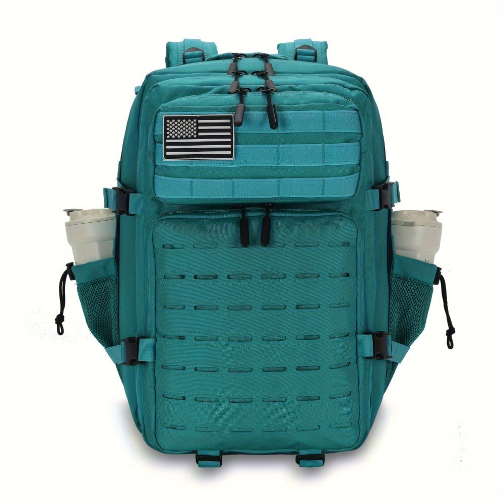 45L Lake Blue Tactical Backpack with American Flag Patch - Multi-Compartment, Adjustable Straps, Hydration Sleeve, MOLLE System, Lightweight Oxford Rucksack for Men & Women, Ideal for Outdoor Hiking & Camping, Tactical Rucksa