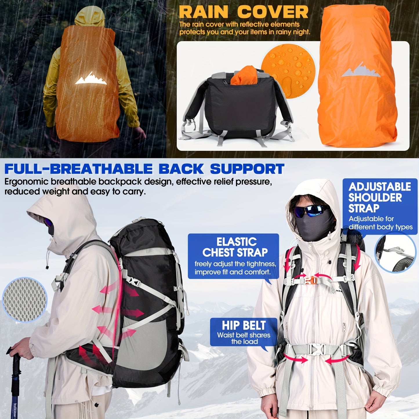 IGOLUMON 15.85gal Waterproof Hiking & Camping Backpack with Rain Cover - Lightweight Large Capacity Backpack, Adjustable Straps, Multiple Compartments, Durable Polyester for Outdoor Travel, Men & Women, Camping Gear | Functio