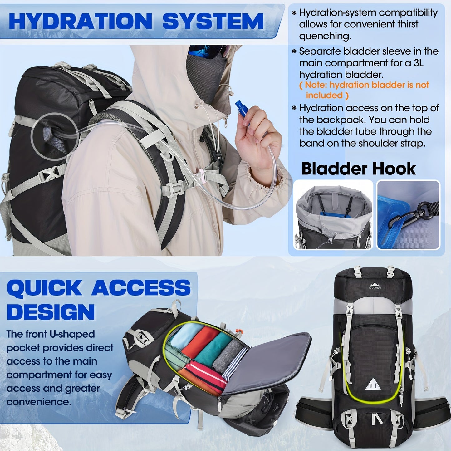 IGOLUMON 15.85gal Waterproof Hiking & Camping Backpack with Rain Cover - Lightweight Large Capacity Backpack, Adjustable Straps, Multiple Compartments, Durable Polyester for Outdoor Travel, Men & Women, Camping Gear | Functio