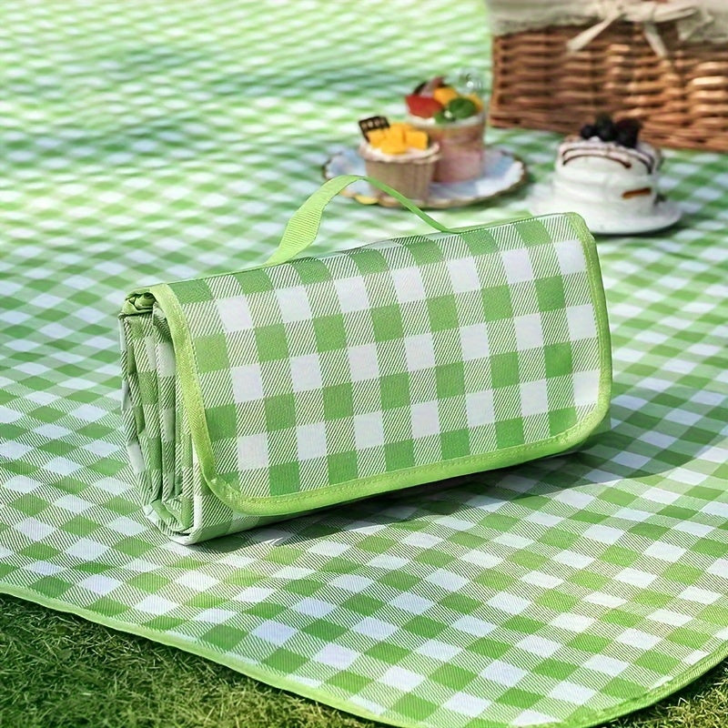 1pc Waterproof Picnic Blanket with Green & White Checkered Design - Foldable, Portable Outdoor Mat for Camping, Beach, and Spring Outings | Durable Polypropylene Backing, Easy to Clean, Perfect for Outdoor Enthusiasts and Fam