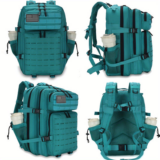 45L Lake Blue Tactical Backpack with American Flag Patch - Multi-Compartment, Adjustable Straps, Hydration Sleeve, MOLLE System, Lightweight Oxford Rucksack for Men & Women, Ideal for Outdoor Hiking & Camping, Tactical Rucksa
